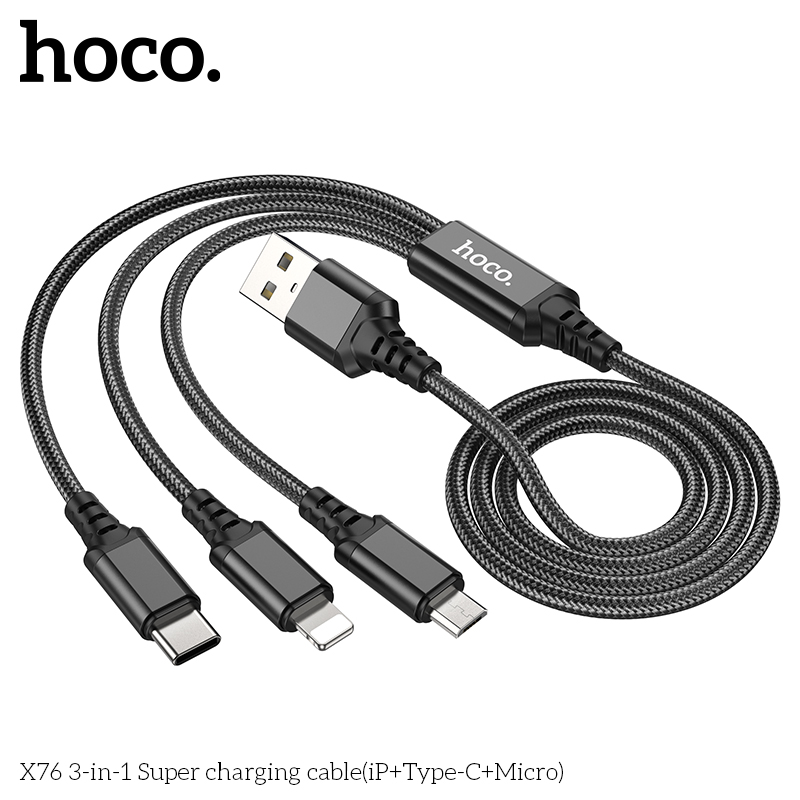Cáp Sạc Hoco X76 3 Trong 1 2.0A Cổng IP + TypeC + Micro Dây Dài 1m