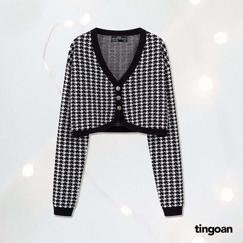 Tingoan® - áo set len cardigan lửng tặng kèm quây kẻ caro đen happy mood cardigan/bl