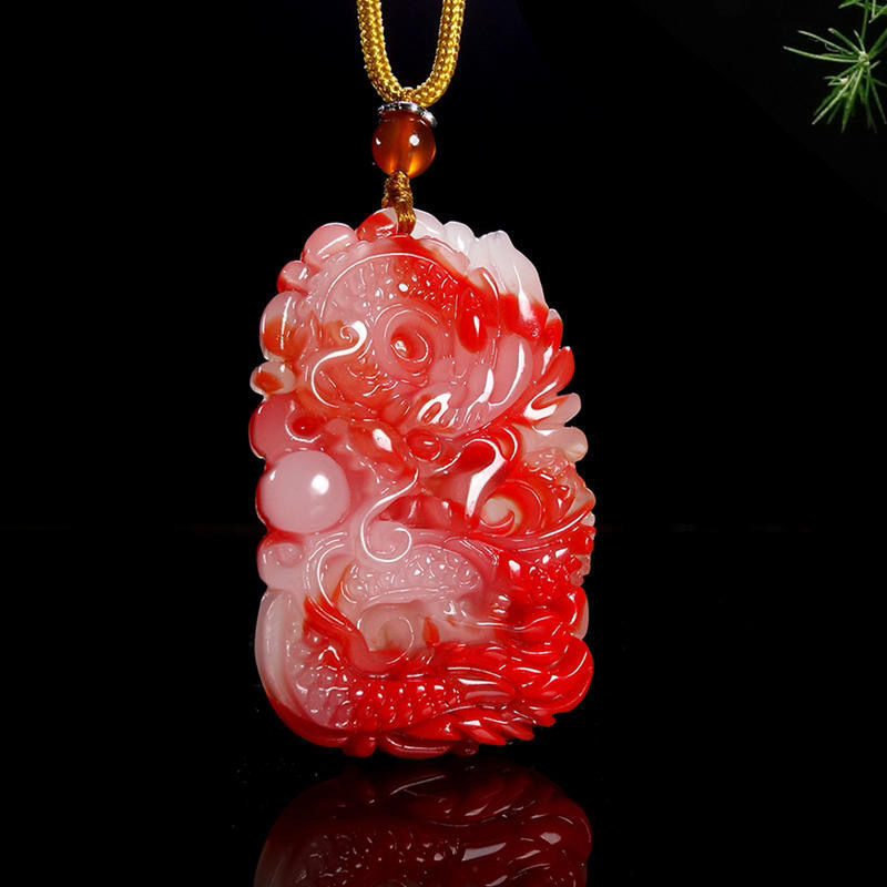  628Tự Nhiên Màu Đỏ Trắng Ngọc Hoàng Đạo Rồng Mặt Dây Chuyền Đồ Trang Sức Thời Trang Vòng Cổ Trung Quốc Khắc Quyến Rũ Amulet Jadeite Quà Tặng Cho Phụ Nữ Người 
