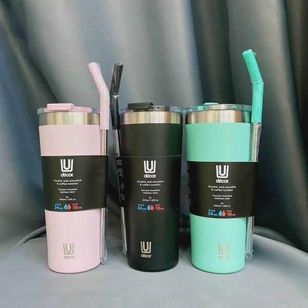 ( Tặng kèm ống hút) Bình Ly giữ nhiệt Decor smoothie Tumber 650ml hàng úc
