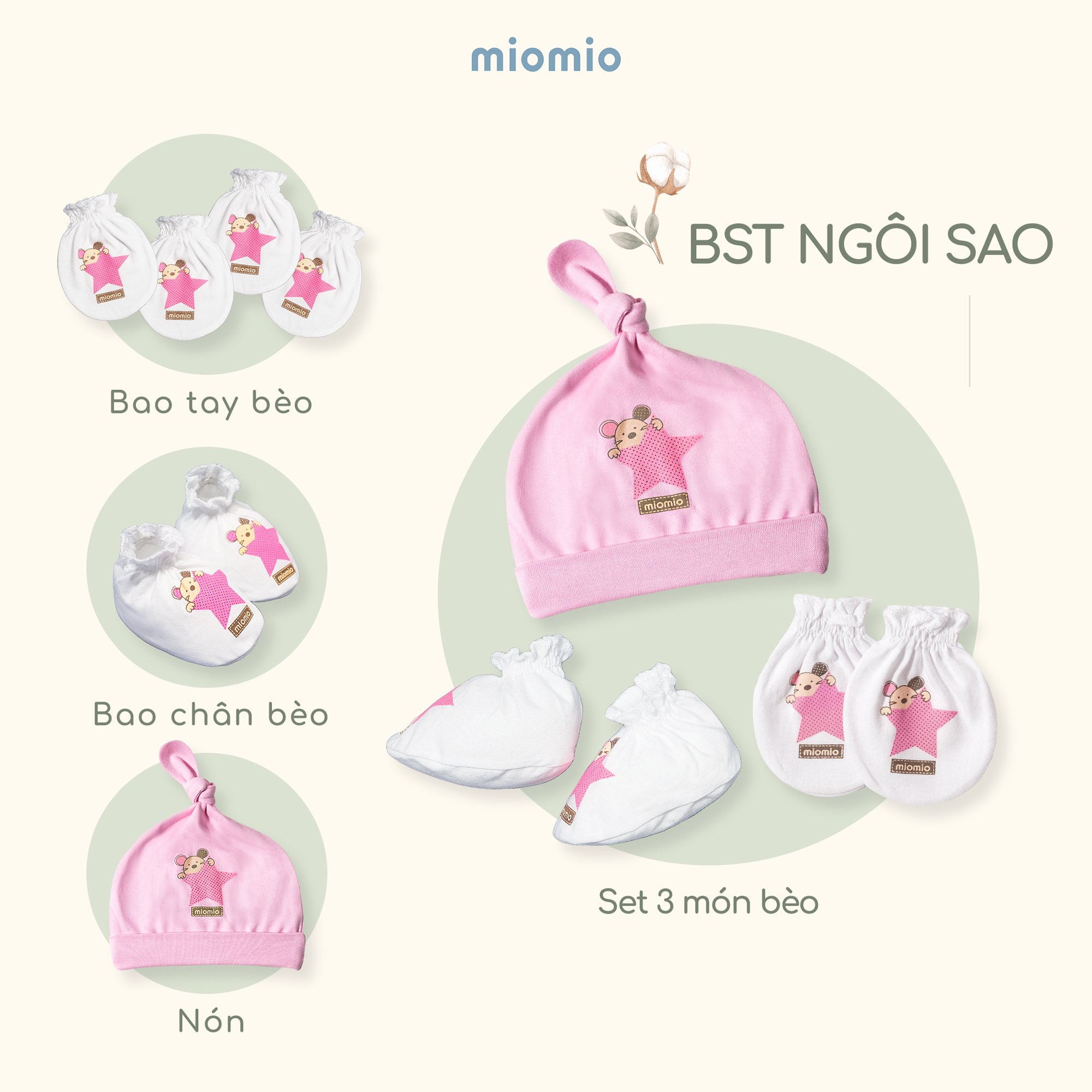 Set Phụ Kiện Bèo Sơ Sinh 3 Món: Bao Tay, Chân, Nón MIOMIO, In Hình: Xe Nôi, Gấu Mây, Teddy, Ngôi Sao Dành Cho Bé Trai Bé Gái (Từ 0-6 Tháng), Vải 100% Cotton