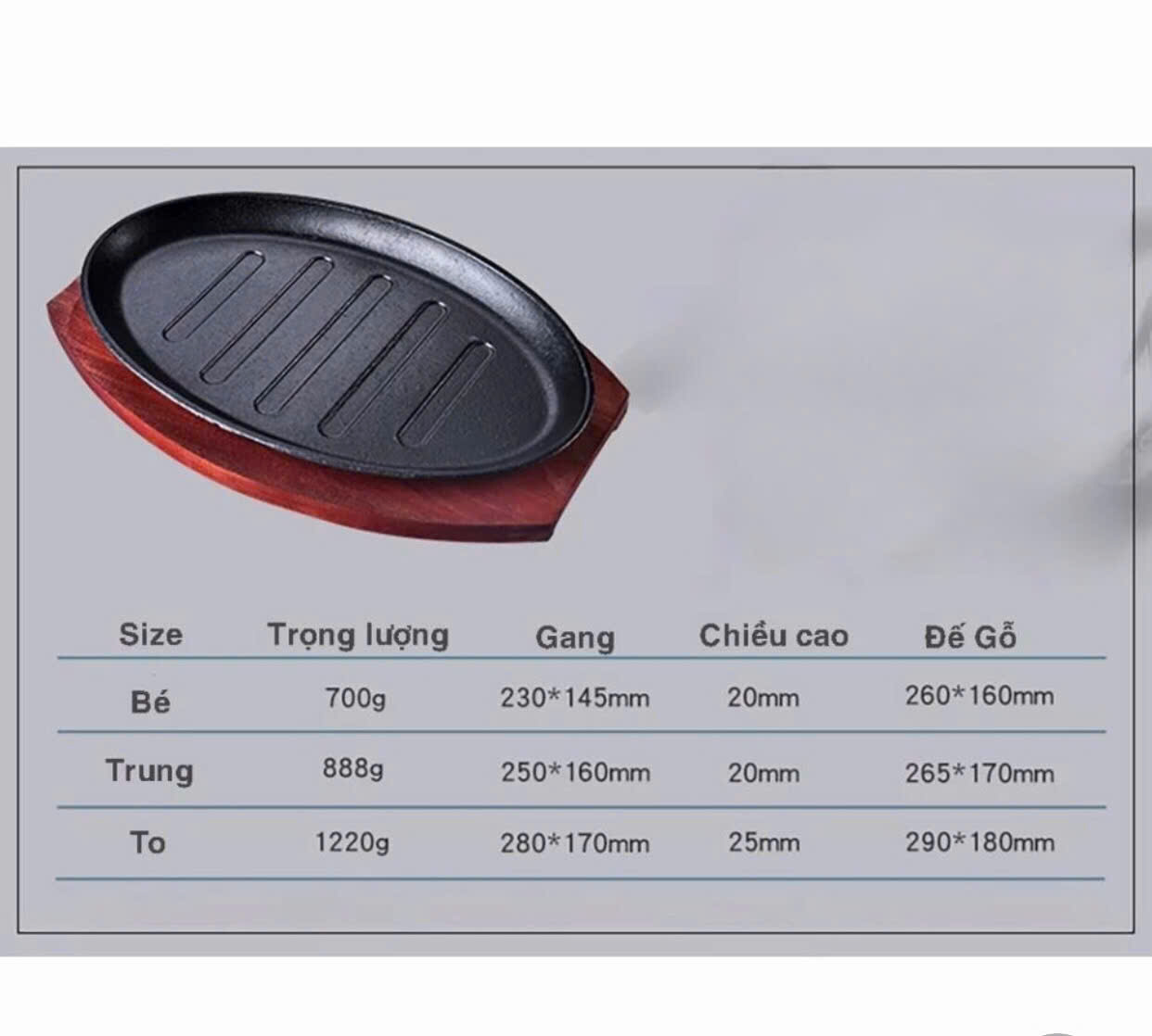 Chảo gang hình thoi đế gỗ 3 kích thước