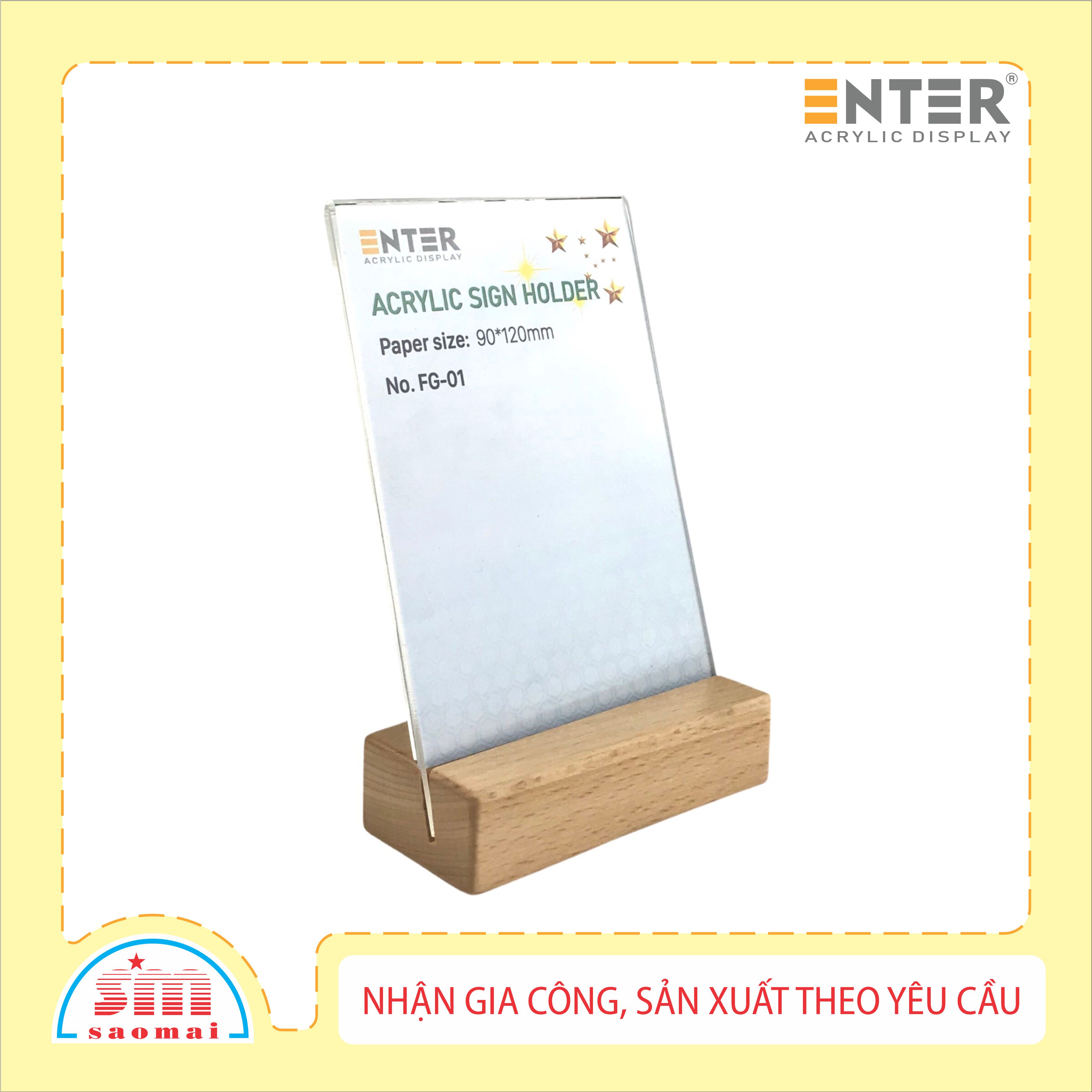 Kệ mica 1 mặt đế gỗ Enter FG-01 90x120mm, Kệ thông tin sản phẩm, Standee mica để bàn, Bảng quét mã QR Code