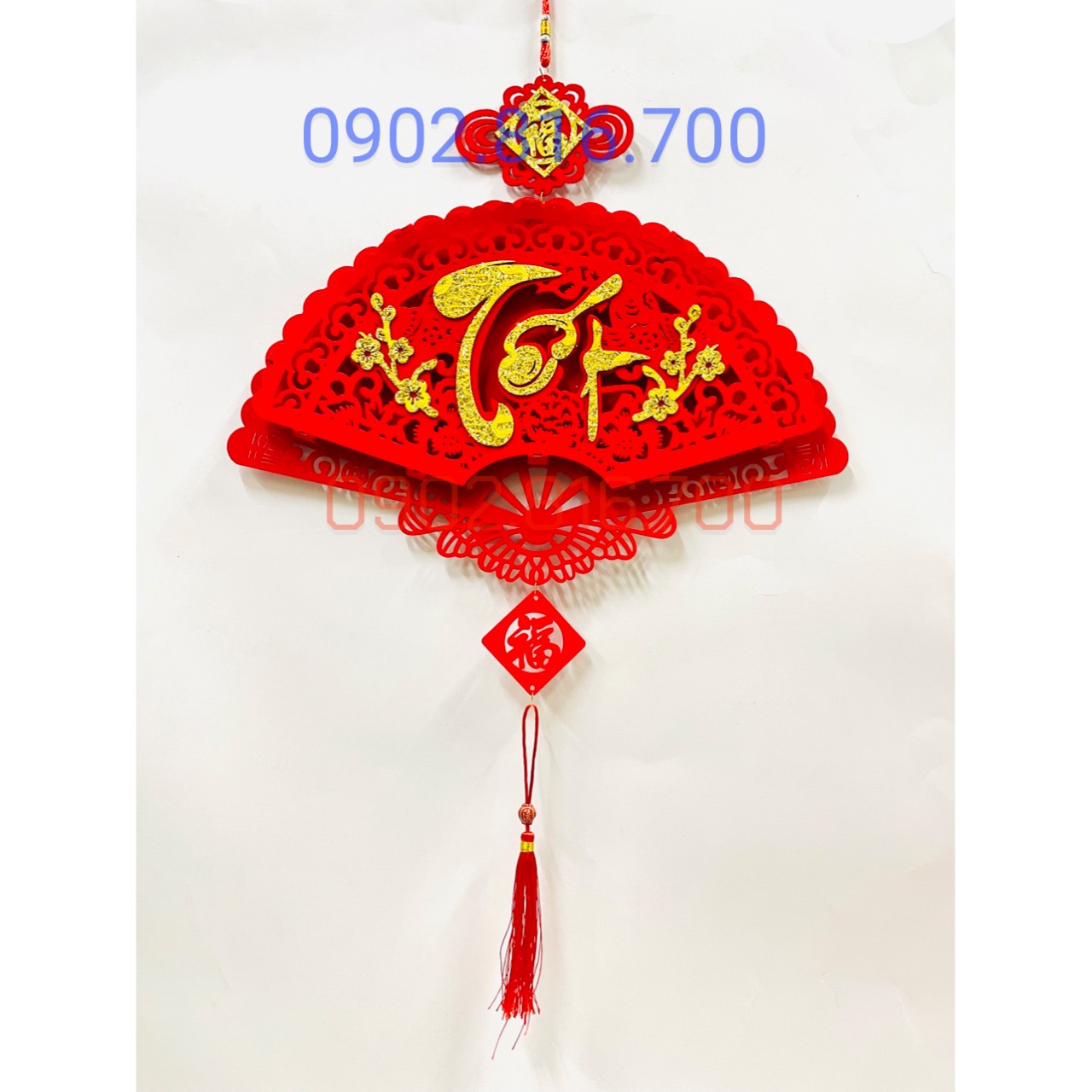 Khánh quạt khánh vuông - liễng nhung đỏ - dây treo cửa hình quạt khắc chữ tết - phúc -lộc - thọ phụ kiện treo decor tết