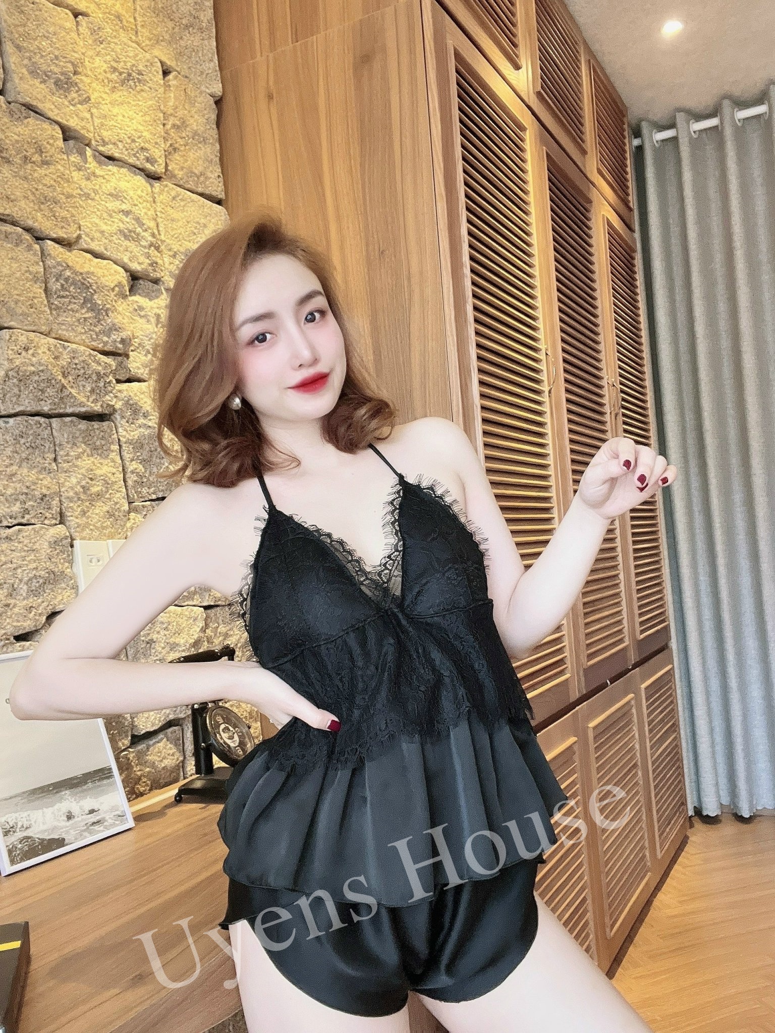 [SIZE 40-65KG] Set yếm ngủ có mút ngực chất satin mềm mịn