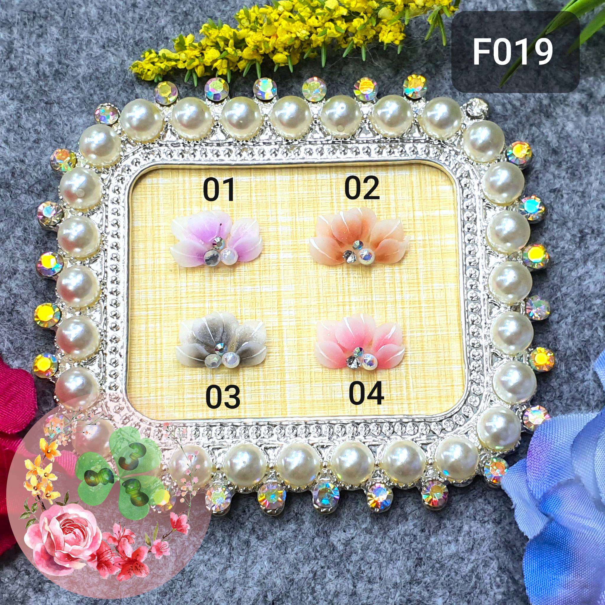 [HCM]Mẫu: F019 . Hoa bột "Cúc ruby nhọn" đính móng siêu xinh.