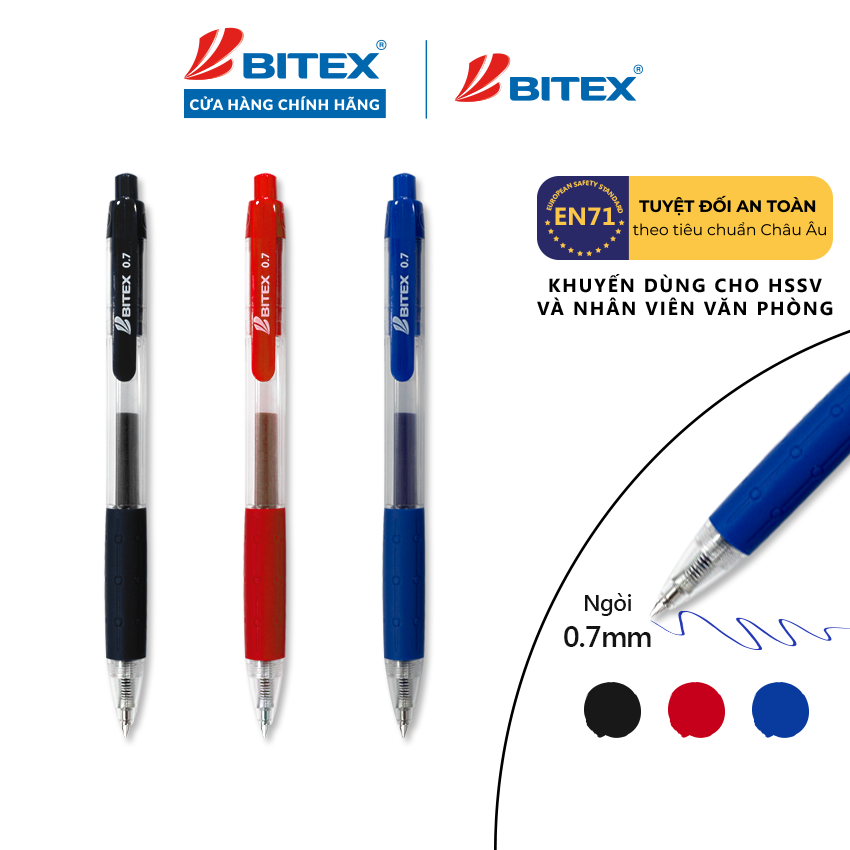 Bút gel Bitex mực xanh, đỏ, đen G03 (1 cây)
