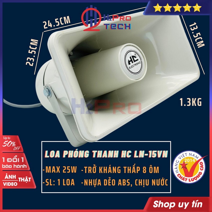 Loa Nén 25W, Loa Phóng Thanh HC LN-15VN Cao Cấp Hàng Hãng, Vành 24x13Cm, Chịu Nước-Tiếng Rõ-Vang Xa 500M-H2Pro Tech