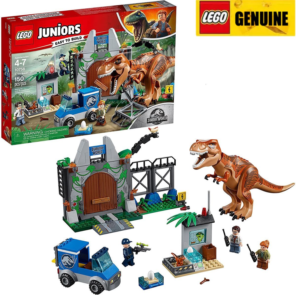 【Genuine】LEGO LEGO Juniors / 4 + Bộ khối xây dựng Jurassic World T. rex Breakout 10758 (150 miếng) Đảm bảo chính hãng, từ Đan Mạch