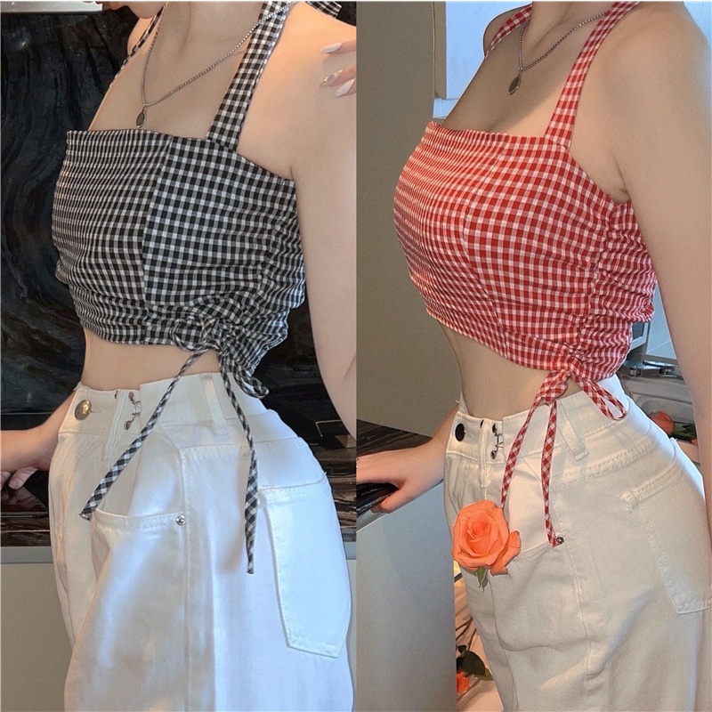 Áo croptop nữ kiểu cột nơ rút dây ca rô siêu hót (có mút ngực)