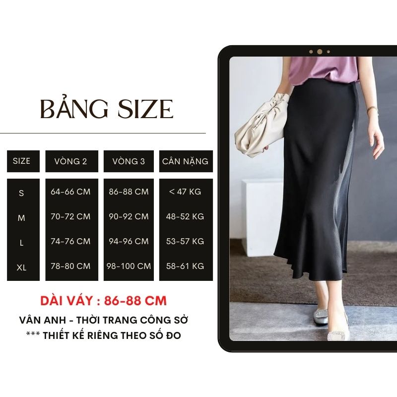 Chân váy lụa dáng đuôi cá dài qua gối cạp trễ cao cấp