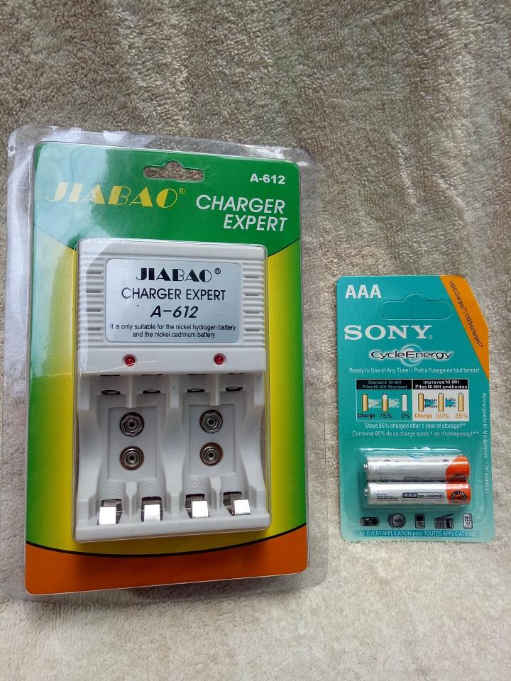 Combo bộ sản phẩm 1 vỉ pin sạc aaa + sạc pin đa năng jiabao a612