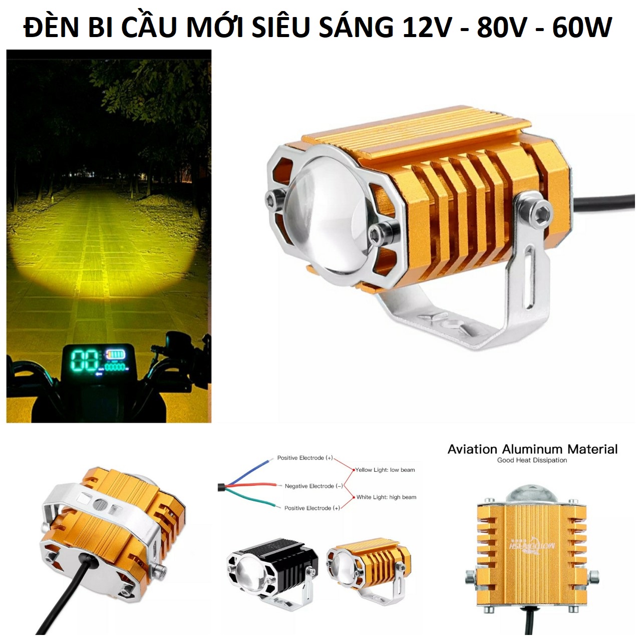 Đèn trợ sáng bi cầu motofish 2 chế độ cốt vàng pha trắng 12v-80v - 45w siêu sáng mẫu mới