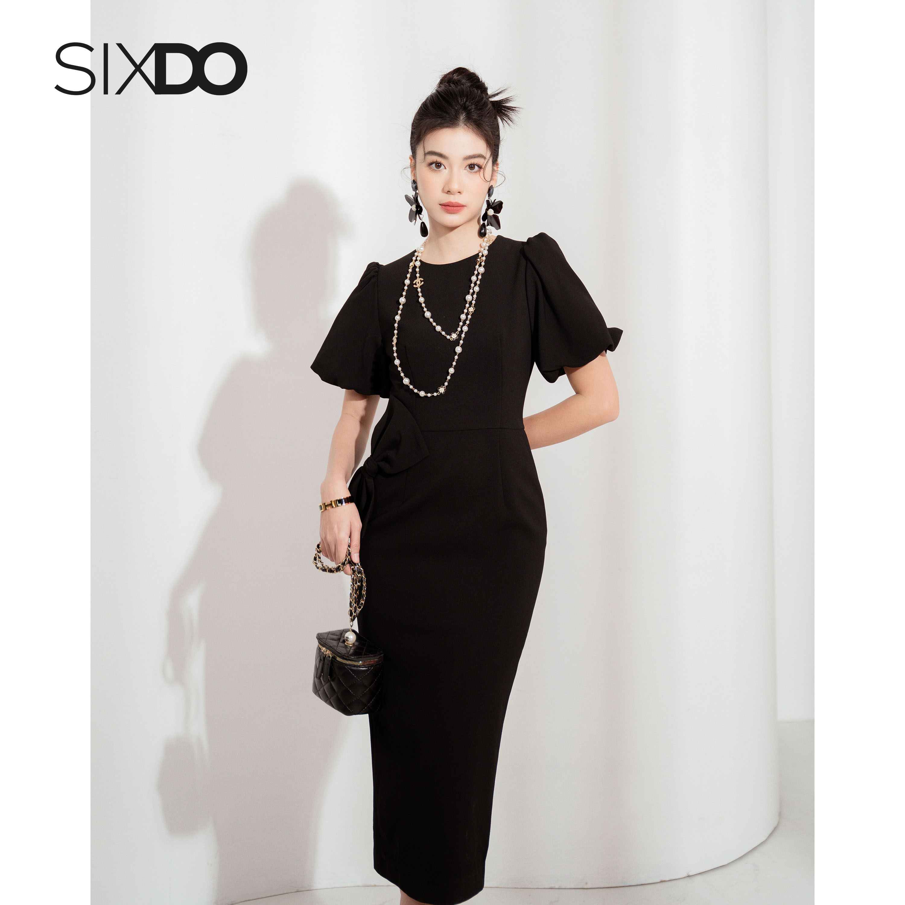 Đầm đen tay phồng phối nơ eo SIXDO (Black Puff-sleeves Midi Woven Dress)