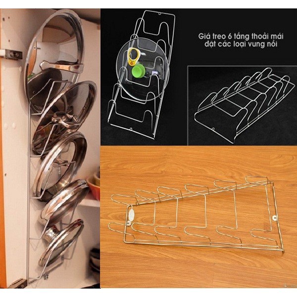giá treo vung nồi 6 tầng chất liệu inox giúp tiết kiệm không gian nhà bếp
