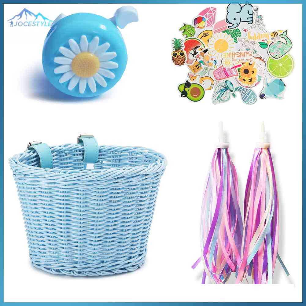 4pcs/Set Rattan Bicycle Basket+Bell+Tassel+Sticker Handwoven Storage Basket