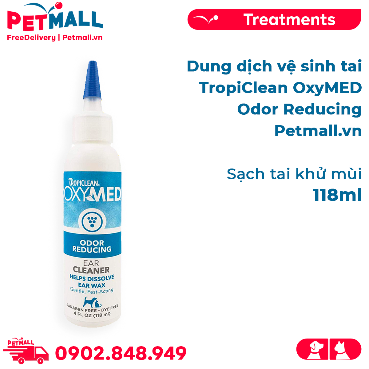 Dung dịch vệ sinh tai TropiClean OxyMED Odor Reducing 118ml - Sạch tai khử mùi Petmall