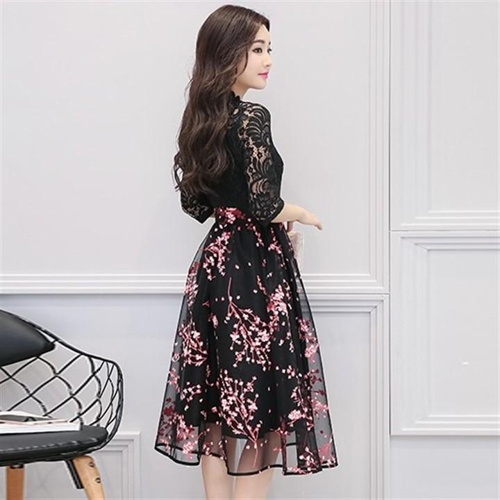 [HCM]Đầm Ren Dự Tiệc Phối Lưới In Hoa Đào - Mẫu Cao Cấp
