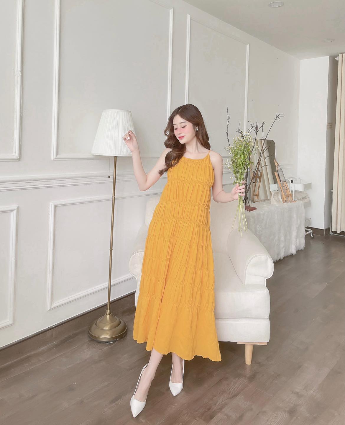 [Ảnh thật] Đầm maxi 2 dây cổ yếm nhún tầng
