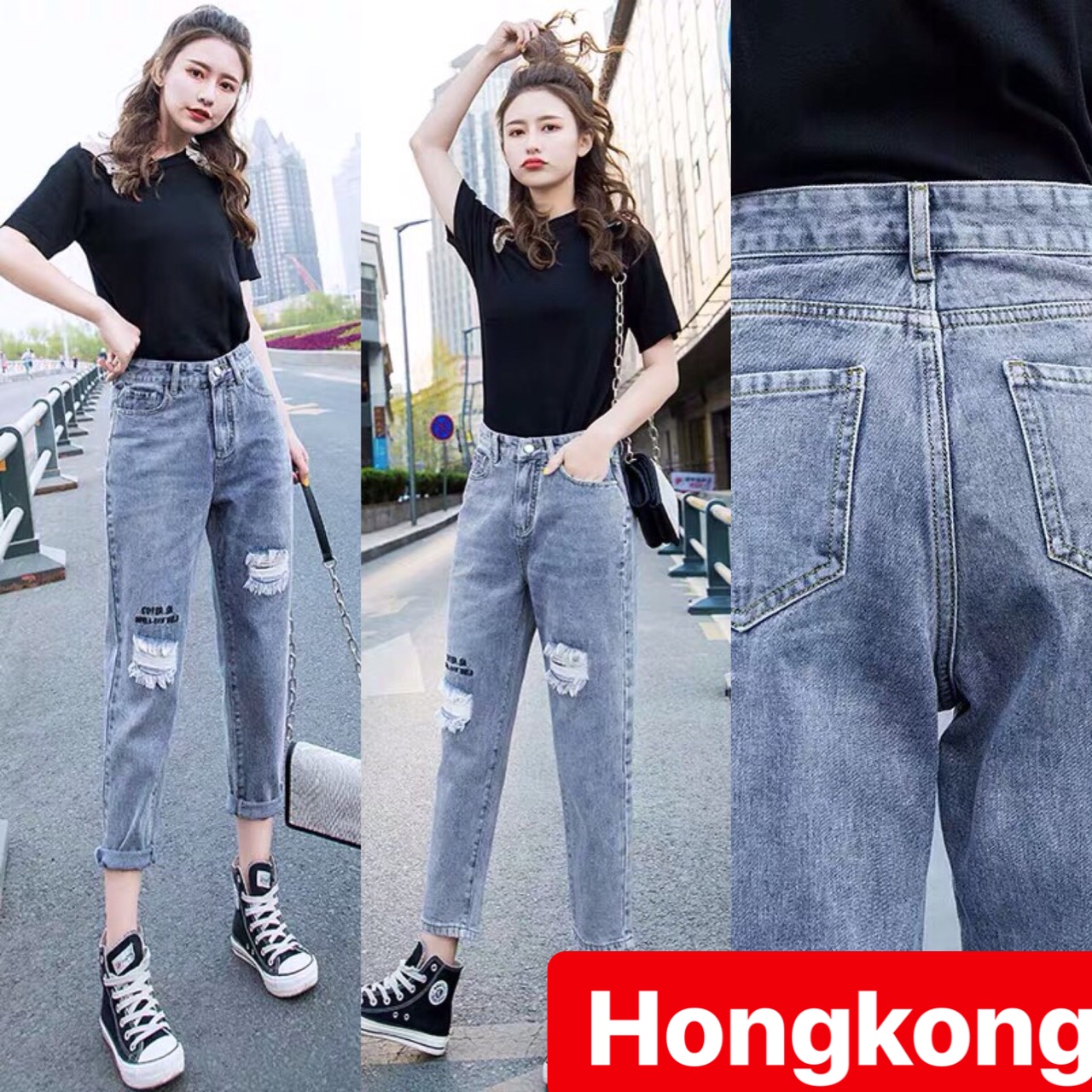 QUẦN JEAN BAGGY NỮ CHẤT BÒ XANH RÁCH IN CHỮ NHẬT BẢN LƯNG CAO NÂNG MÔNG DB-3051 - HONG KONG FASHION