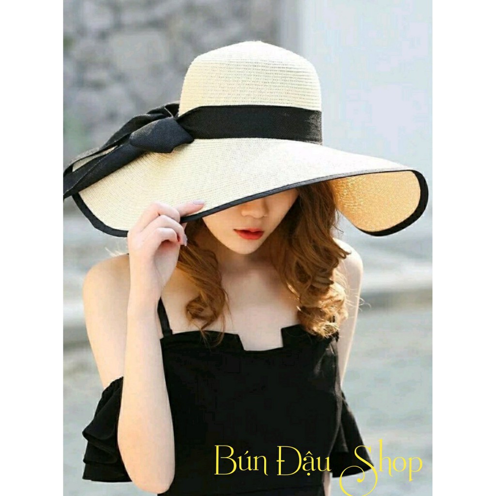Nón Cói Vành Rộng Viền Đen Nơ Vải Đi Biển
