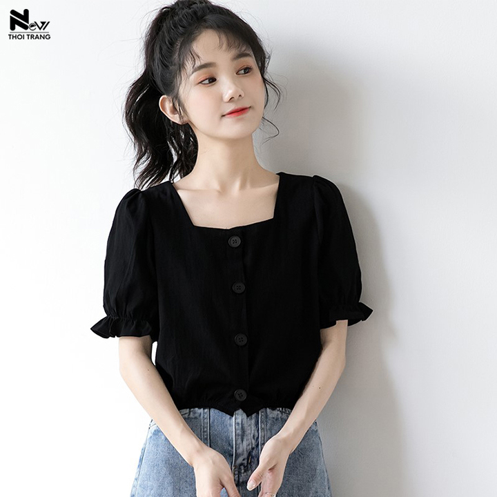 Áo Sơ Mi Cổ Vuông Form Ngắn - New Thoi Trang