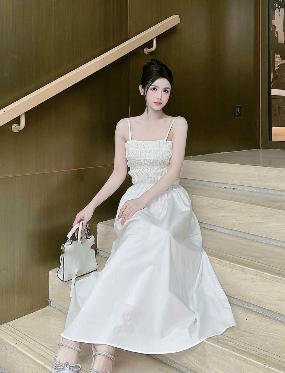 Đầm xòe hai dây mocking buộc nơ lưng