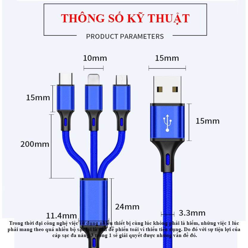 Dây cáp sạc 3 đầu đa năng 2A 3 in 1 bọc dù dài 1m2