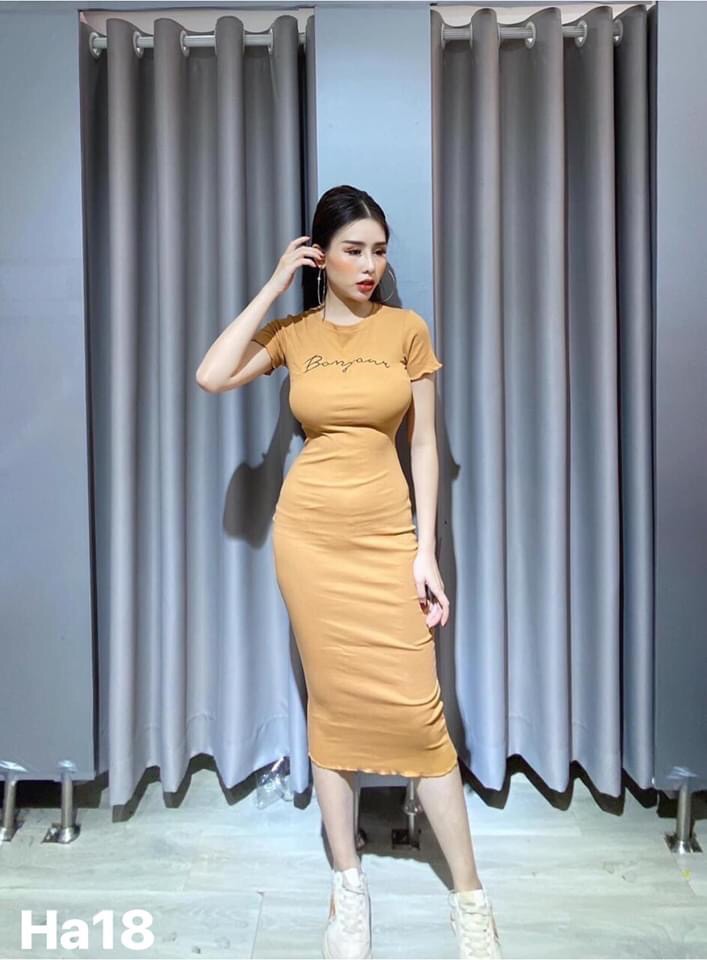 Đầm body thun tay ngắn dài qua gối
