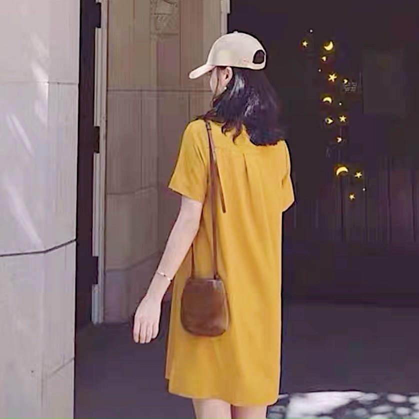 Đầm sơ mi suông viền chỉ 3 màu