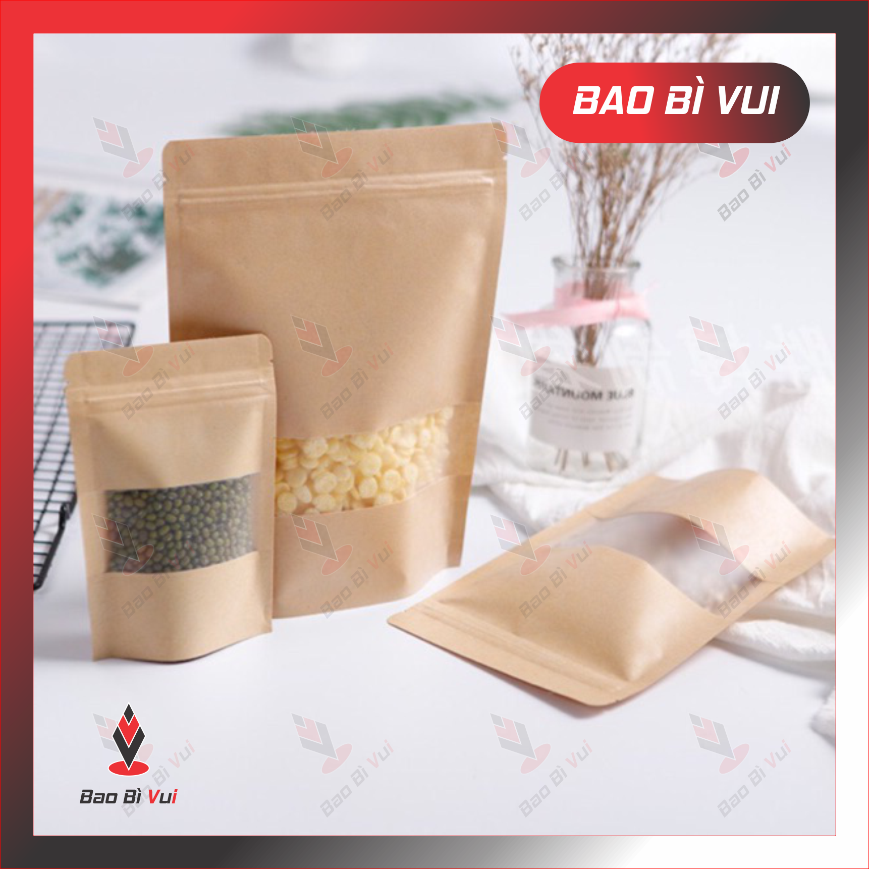 [1kg] Túi Zip Cửa Sổ Đáy Đứng Giấy Kraft