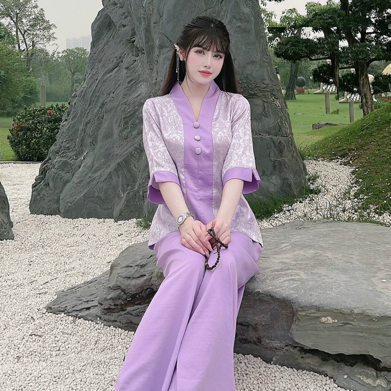 mẫu đồ lam đi chùɑ #bộ bà lai gấm phối lụa-pháp phục đồ lam