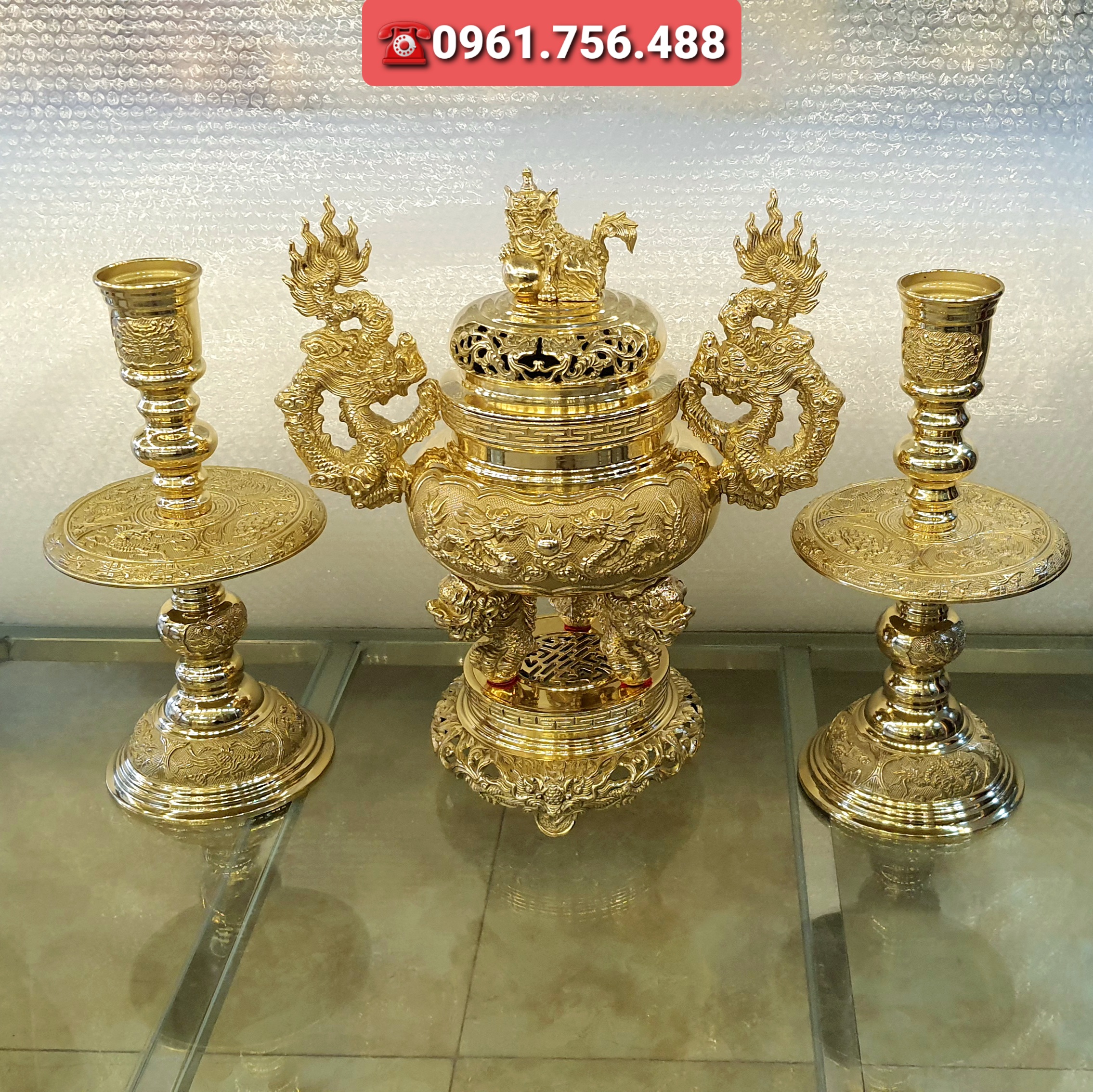 Bộ lư hương/ đỉnh đồng vàng- TAM SỰ NẾN 40cm