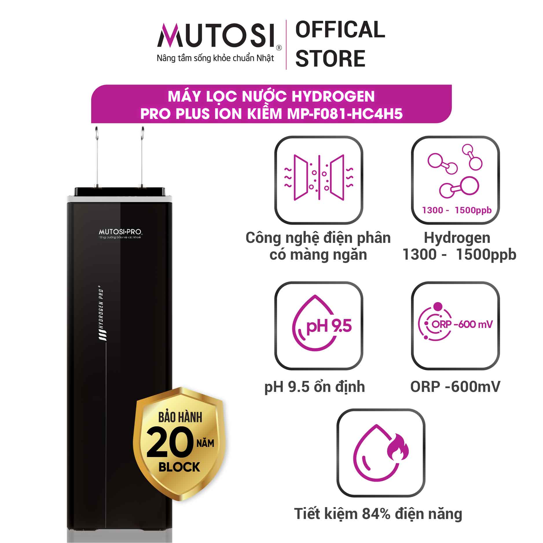 Máy lọc nước Hydrogen Plus Ion Kiềm Mutosi MP-F081-HC4H5