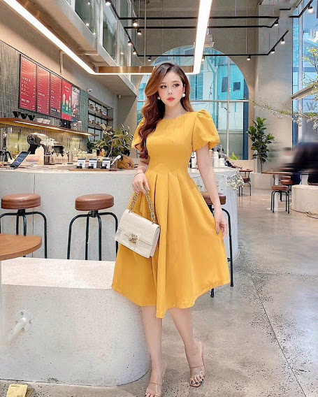 [HCM]ĐẦM XÒE VÀNG CỔ TRÒN XẾP LI TAY PHỒNG