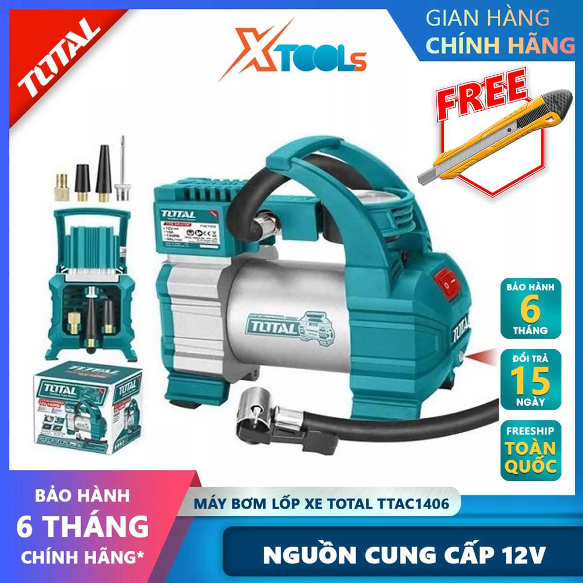 Total ttac1406 car tyre test tool 12v air pump max pressure: 140psi 35L/min, 10A, 3M power cable for cleaning, car pump