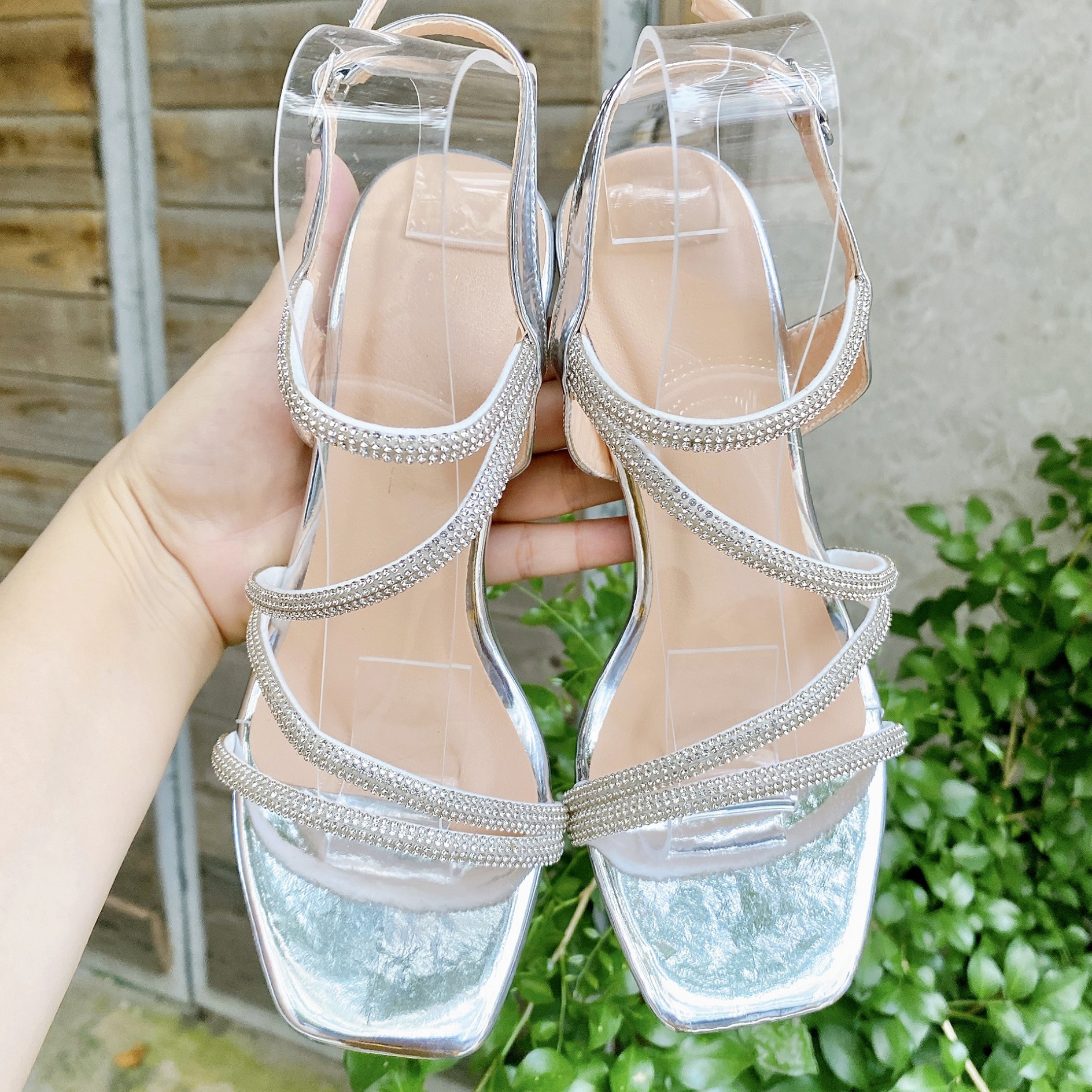 giày cao gót nữ sandal 4 dây đá 8 phân (BẠC)