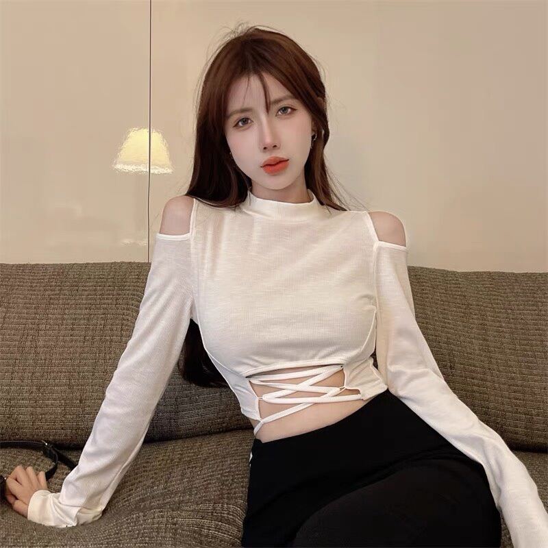Áo Croptop Gân Tay Dài Đan Dây