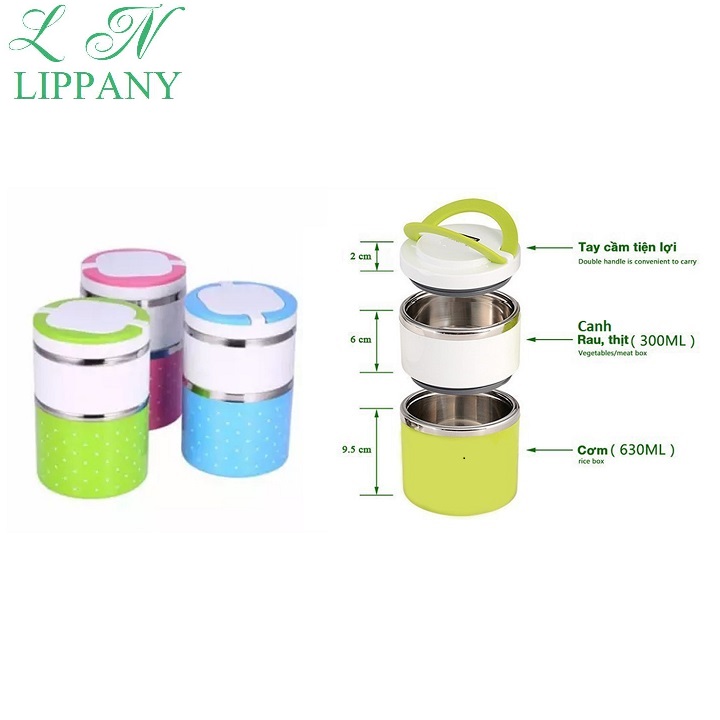 Cặp lồng cơm 2 tầng giữ nhiệt chấm bi ruột inox