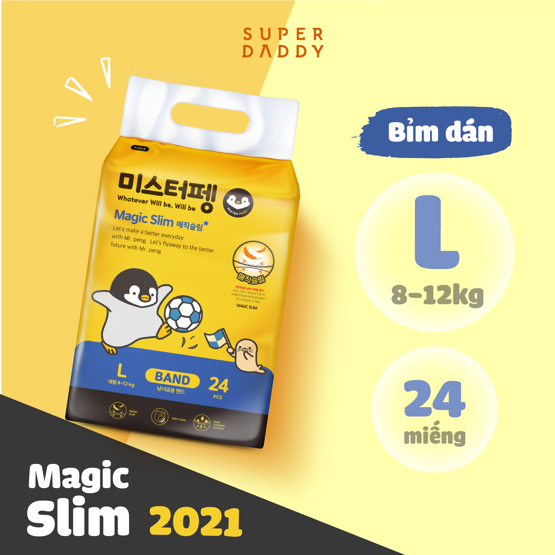 Tã Bỉm Quần/Dán Super Daddy Magic Slim Hàn Quốc Size M/L/XL/Big Size