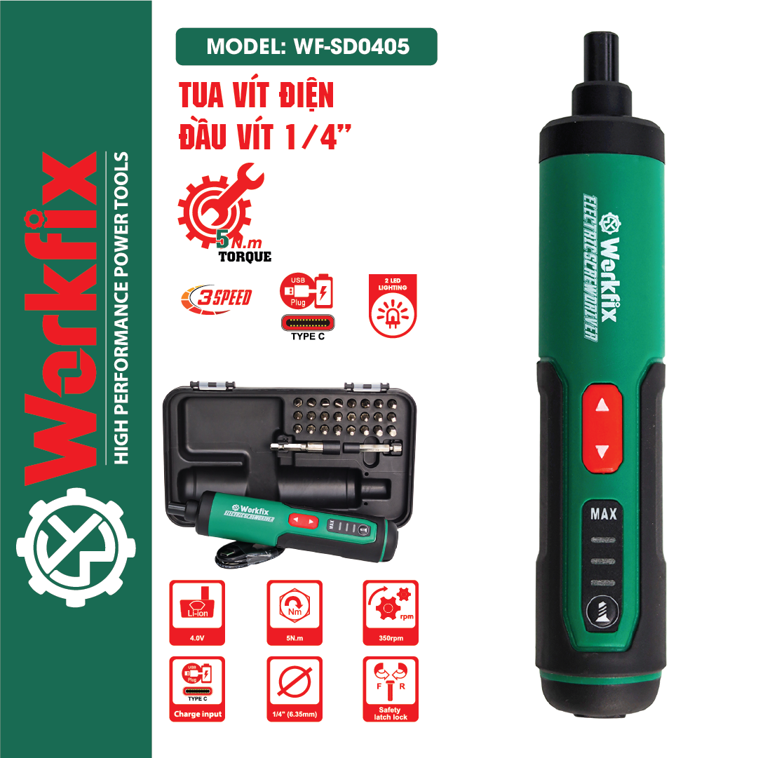 Máy Vặn Vít Mini WORKFIX WF-SD0405, Động cơ Không chổi than, 3 Tốc độ, Lực siết 5Nm