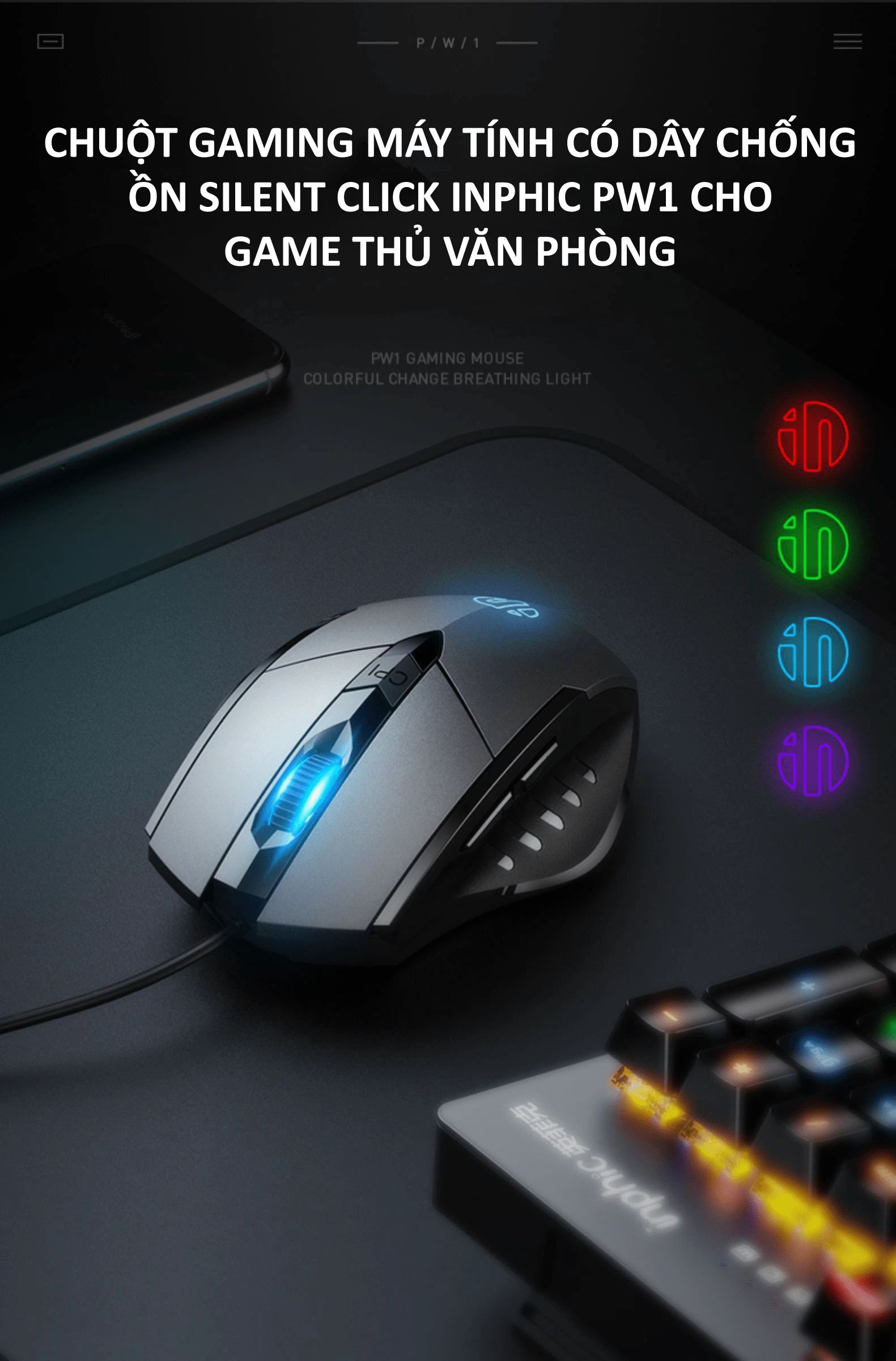 Chuột gaming máy tính có dây chống ồn silent click INPHIC PW1 đèn led 4 màu dành cho game thủ, văn phòng,...