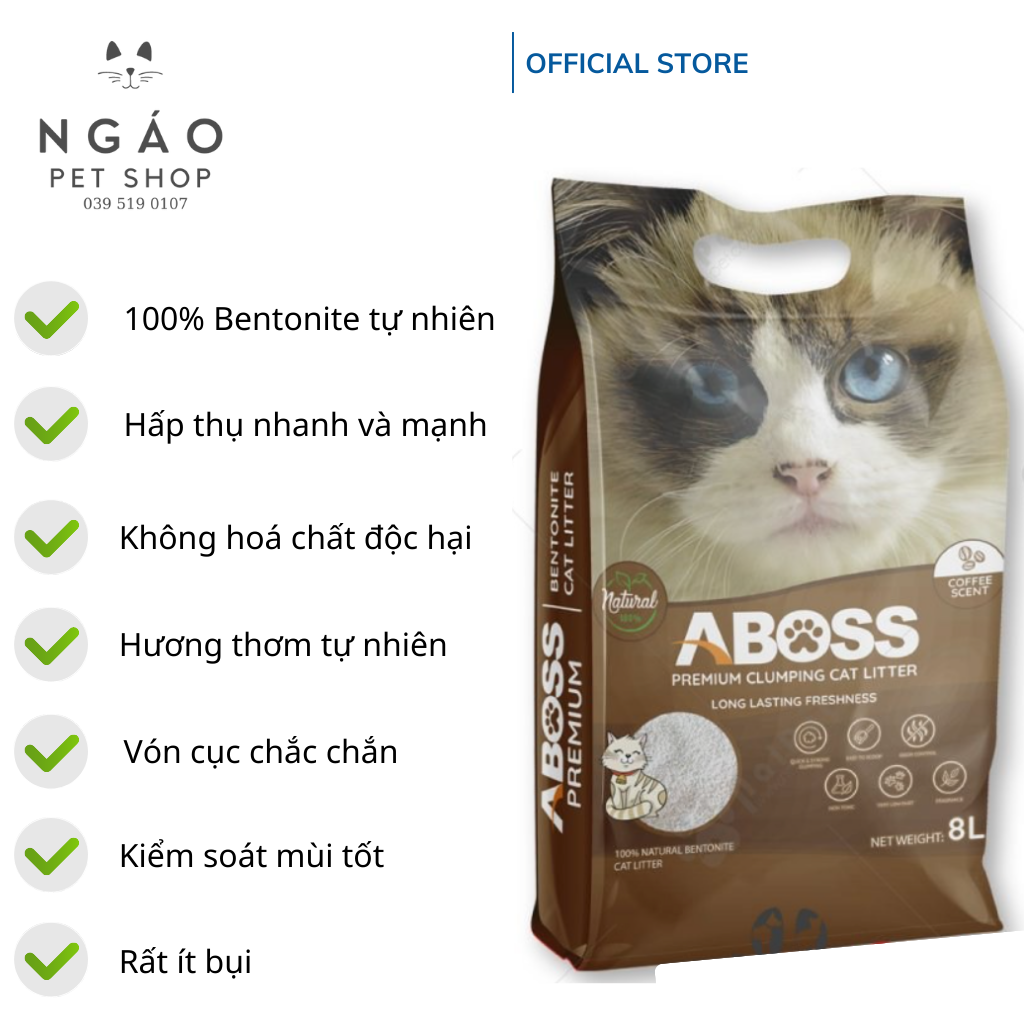 CÁT ĐẤT SÉT CAT LITTER ABOSS BENTONITE PREMIUM 8L VỊ CÀ PHÊ 8L