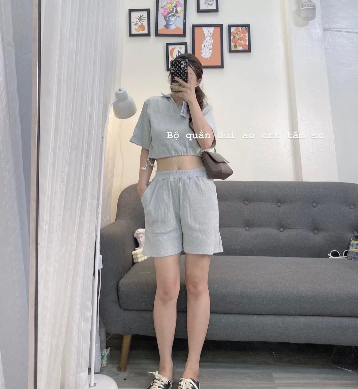 SÉT BỘ ÁO CROPTOP RÚT EO TAY LỬNG MIX QUẦN