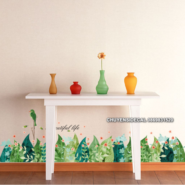 Decal trang trí tường - Chân tường cỏ lá hoa xanh tươi