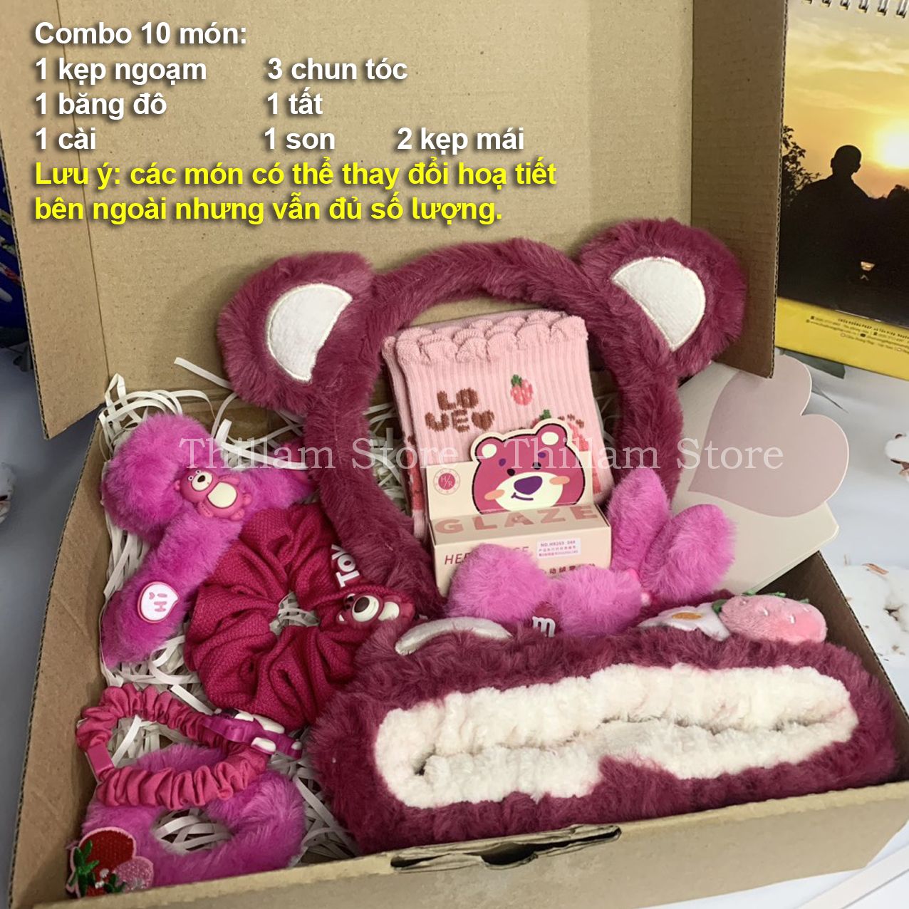 Combo Gấu dâu - Set quà tặng Gấu dâu 10 món kèm thiệp tặng bạn gái, quà ...