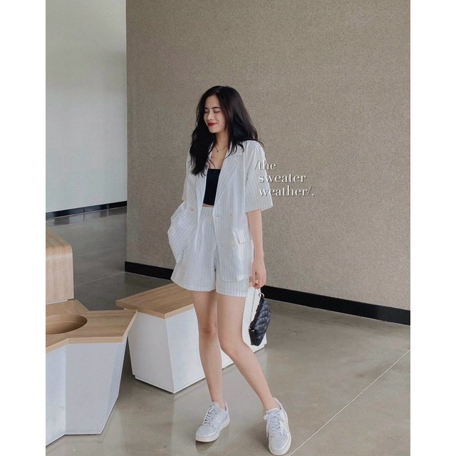 Set blazer kẻ trắng đen/ set vest sọc/ đồ công sở