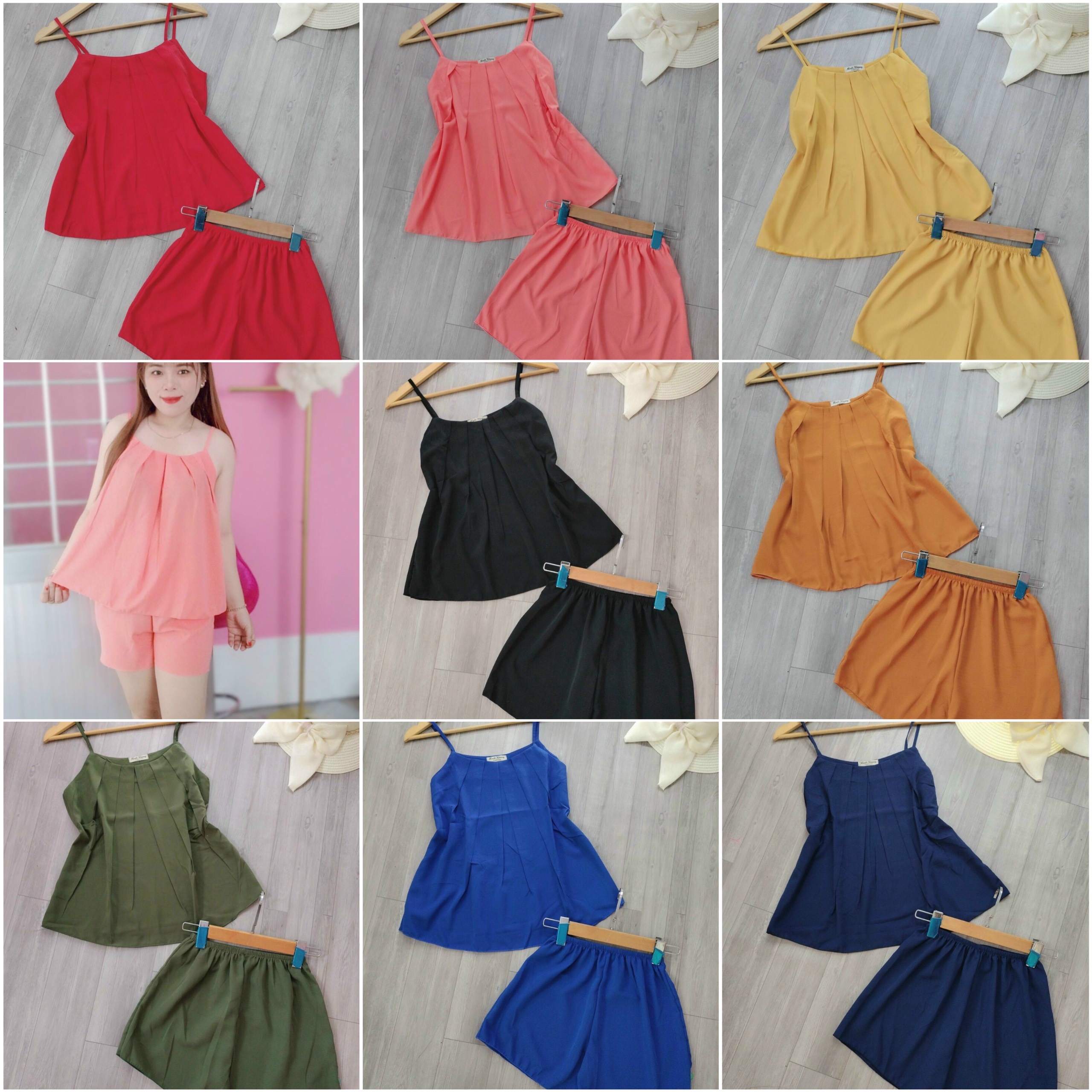 Set đồ bộ ngắn mặc nhà vải lụa hàn cổ xếp ly