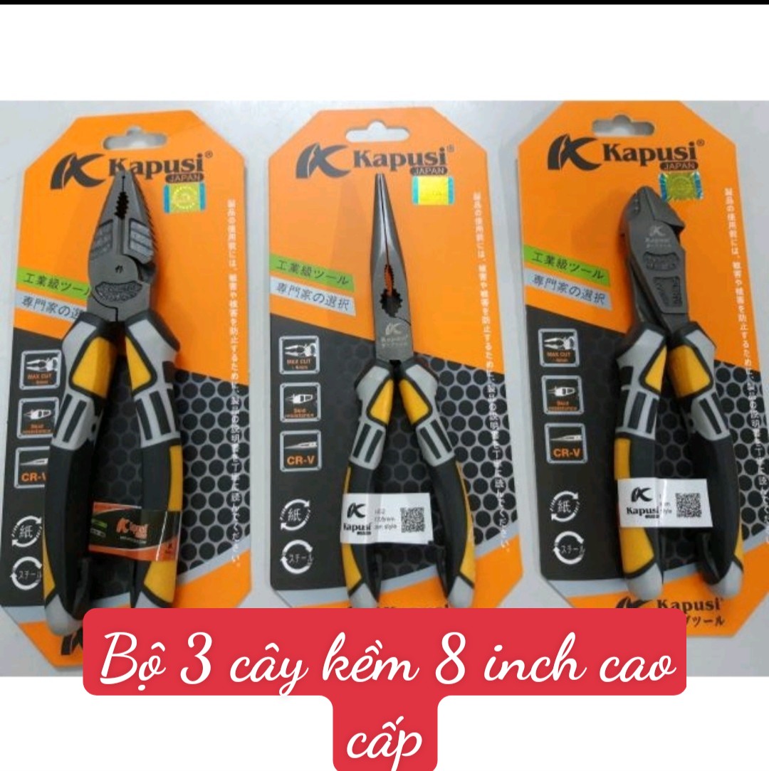 Bộ 3 kìm crv cao cấp - điện 8 inch , cắt 7 inch , mỏ nhọn 8 inch kapusi thép nhật. hàng xuất đức
