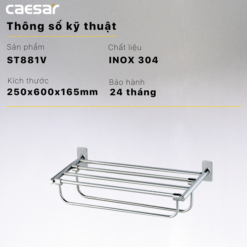 Kệ treo khăn inox Caesar ST881V, thanh treo khăn inox 304, Cam kết chính hãng